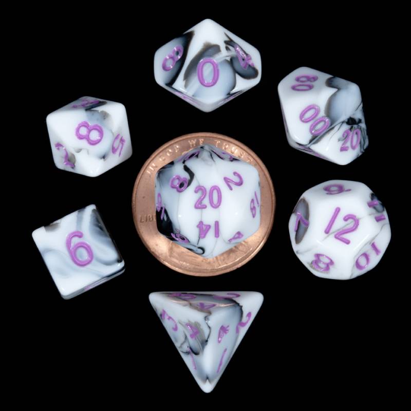 Marble with Purple Numbers 10mm Mini Polyhedral 7 Dice Set - MD41037