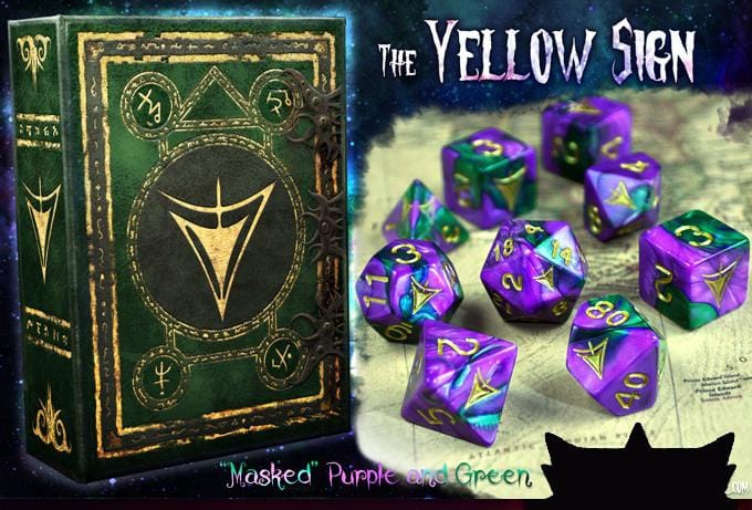 Elder Dice - 9 Polyhedral Dice Set The Yellow Sign - Masked Purple and Green