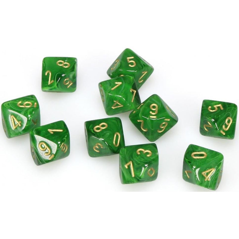 10 D10 Vortex Dice Green with Gold - CHX27235 - Abyss Game Store