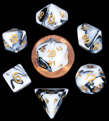 Marble with Gold Numbers 10mm Mini Polyhedral 7 Dice Set - MD41038