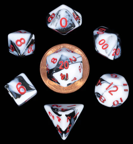 Marble with Red Numbers 10mm Mini Polyhedral 7 Dice Set - MD41031