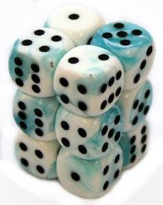 12 D6 Gemini 16mm Dice White & Teal with Black - CHX26644 - Abyss Game Store