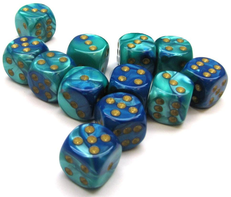 12 D6 Gemini 16mm Dice Blue-Teal/gold - CHX26659 - Abyss Game Store