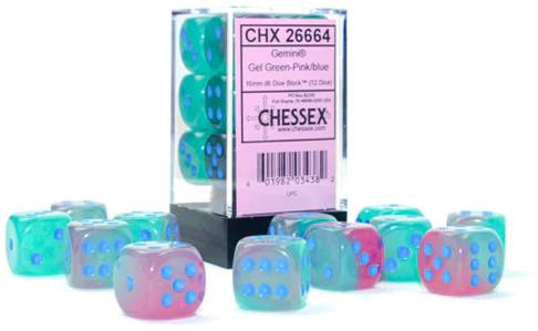 12 D6 Borealis 16mm Dice Gel Green-Pink/blue Luminary - CHX26664