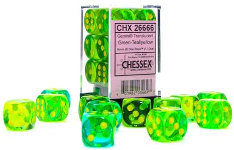 12 D6 Gemini 16mm Dice Polyhedral Translucent Green-Teal/yellow - CHX26666