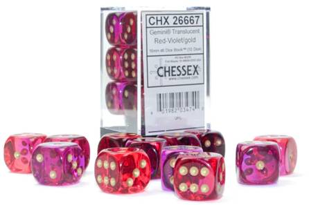 12 D6 Gemini 16mm Dice Polyhedral Translucent Red-Violet/gold - CHX26667