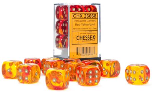 12 D6 Gemini 16mm Dice Polyhedral Translucent Red-Yellow/gold - CHX26668