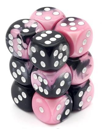 12 D6 Gemini 16mm Dice Black-Pink w/White - CHX26630 - Abyss Game Store