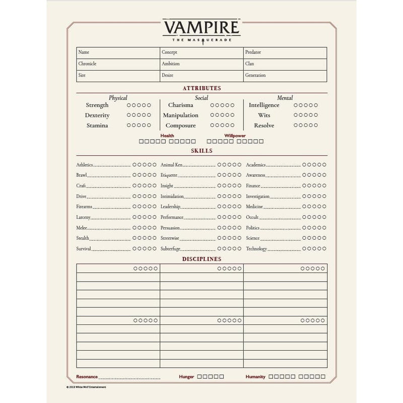 Vampire the Masquerade 5e digital character sheet!