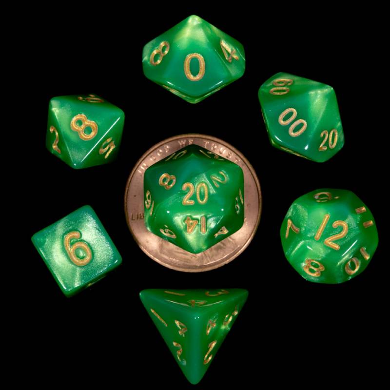 Green with Gold Numbers 10mm Mini Polyhedral 7 Dice Set - MD4155