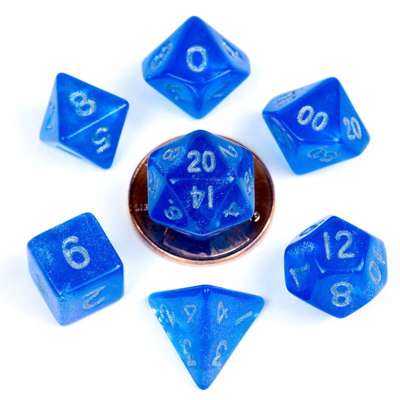 Stardust Blue w/ Silver Numbers 10mm Mini Polyhedral 7 Dice Set - MD4181