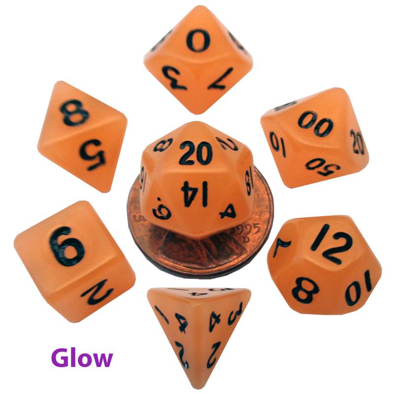 Glow in the Dark Orange 10mm Mini Polyhedral 7 Dice Set - MD4304