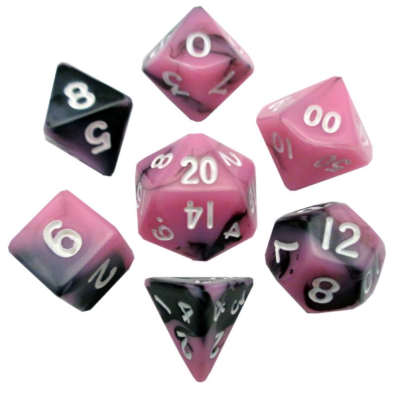 Pink/Black with White Numbers 10mm Mini Polyhedral 7 Dice Set - MD473