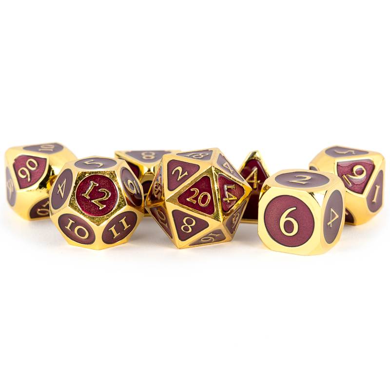 Gold with Purple Enamel 16mm Polyhedral 7 Dice Set - MD017
