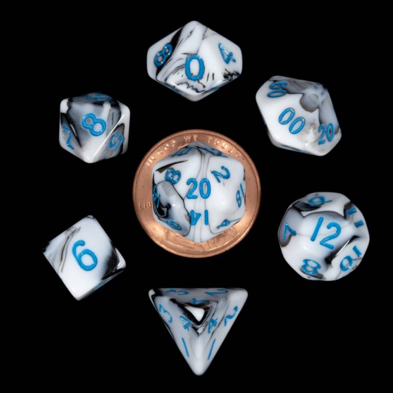 Marble with Blue Numbers 10mm Mini Polyhedral 7 Dice Set - MD41032