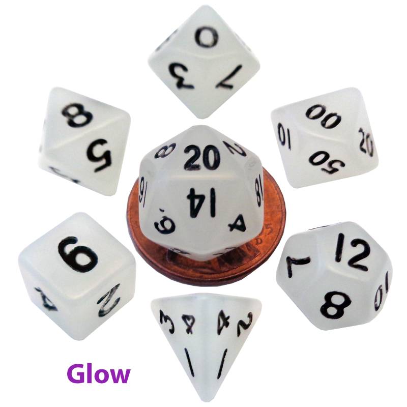 Glow in the Dark Clear 10mm Mini Polyhedral 7 Dice Set - MD4310