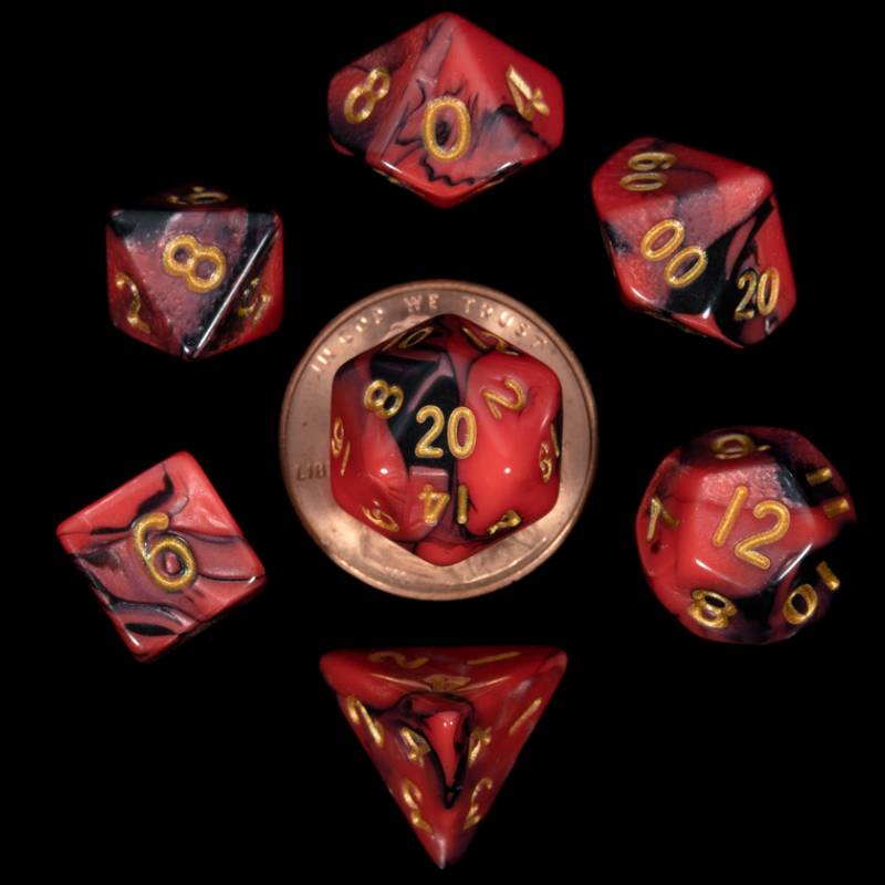 Black and Red Marble with Gold Numbers 10mm Mini Polyhedral 7 Dice Set - MD4113