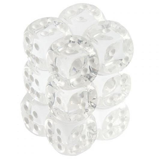 12 D6 Translucent 16mm Dice Clear w/white - CHX23601 - Abyss Game Store