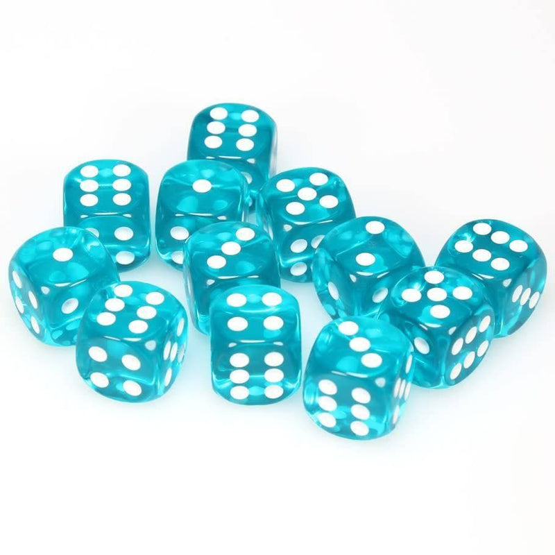 12 D6 Translucent 16mm Dice Teal w/white - CHX23615 - Abyss Game Store
