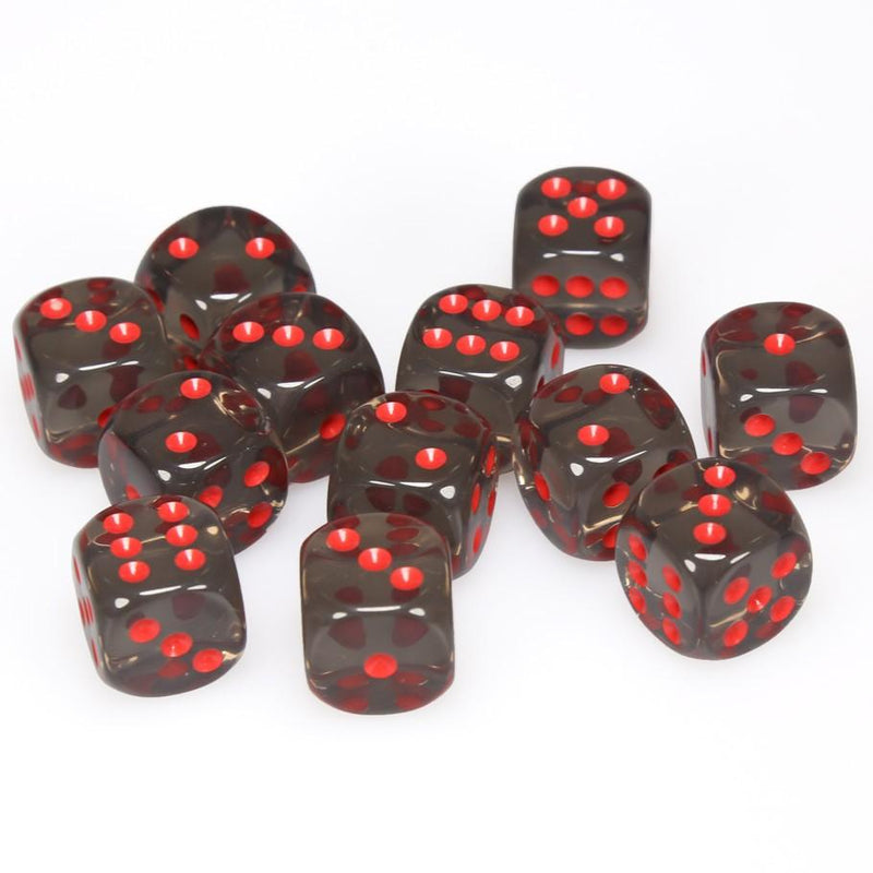 12 D6 Translucent 16mm Dice Smoke w/red - CHX23618 - Abyss Game Store