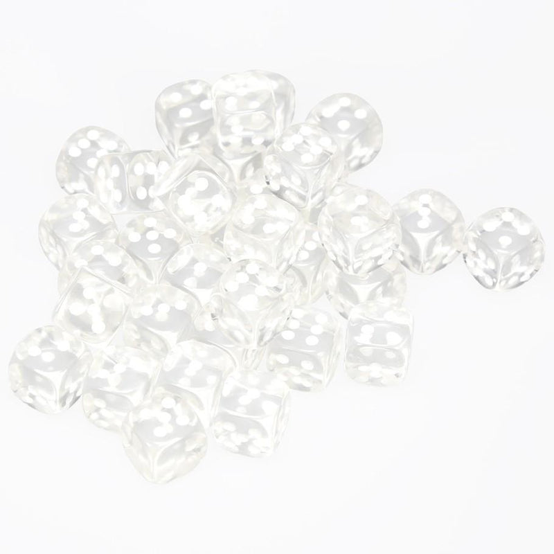 36 D6 Translucent 12mm Dice Clear w/white - CHX23801