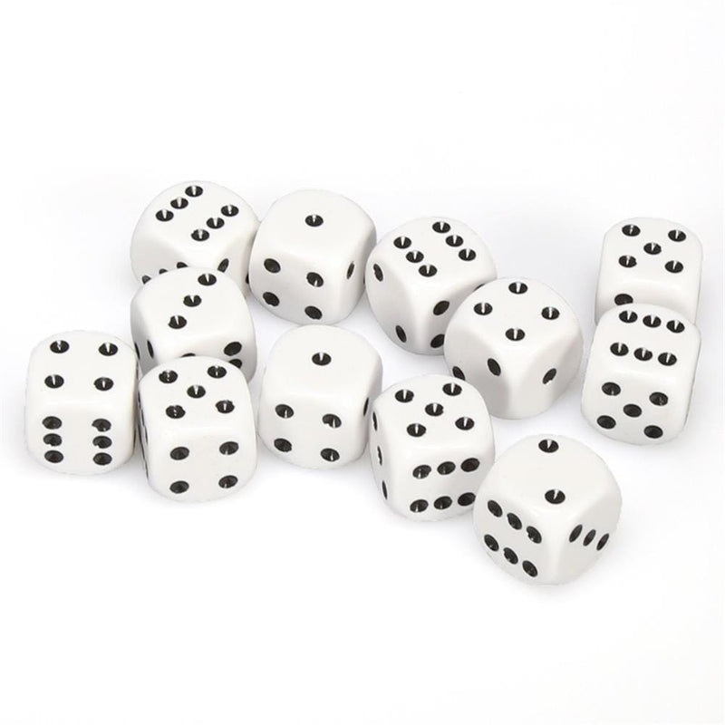 12 D6 Opaque 16mm Dice White w/black - CHX25601 - Abyss Game Store