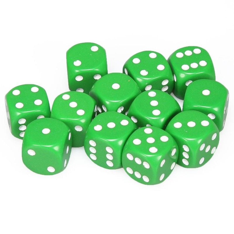 12 D6 Opaque 16mm Dice Green w/white - CHX25605 - Abyss Game Store