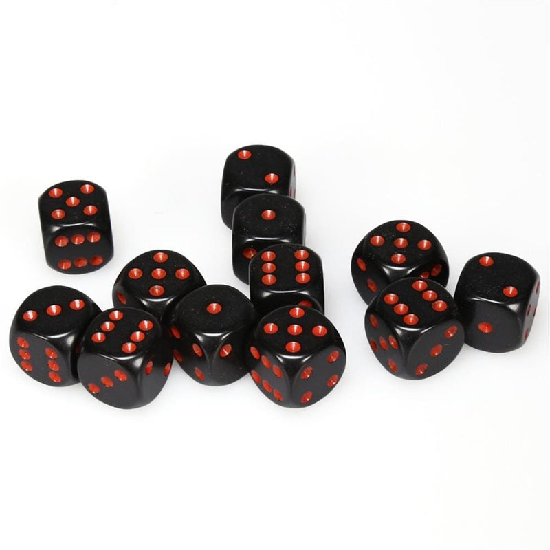 12 D6 Opaque 16mm Dice Black w/red - CHX25618 - Abyss Game Store