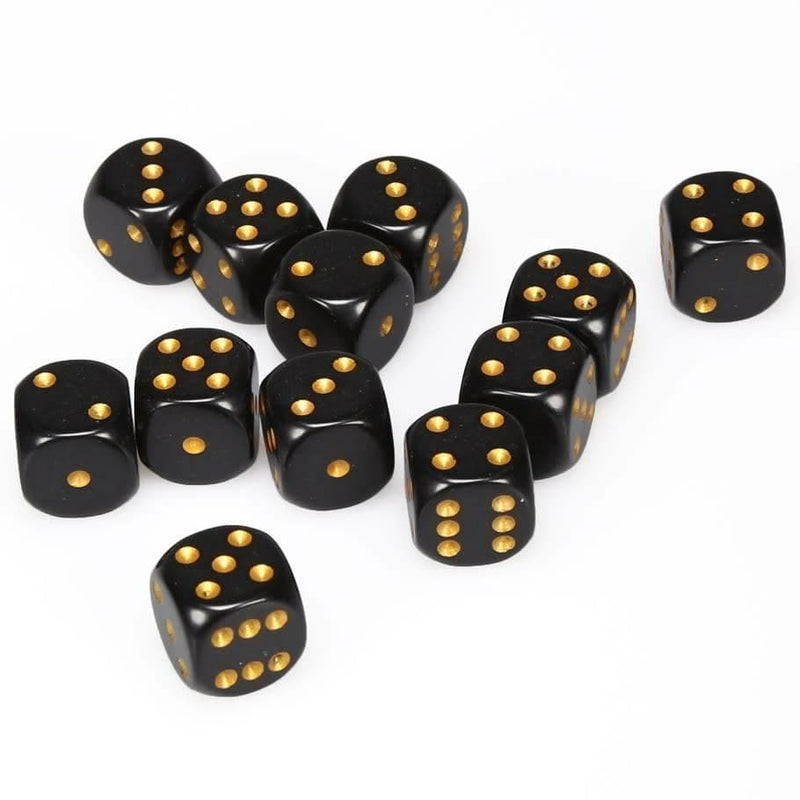 12 D6 Opaque 16mm Dice Black w/gold - CHX25628 - Abyss Game Store