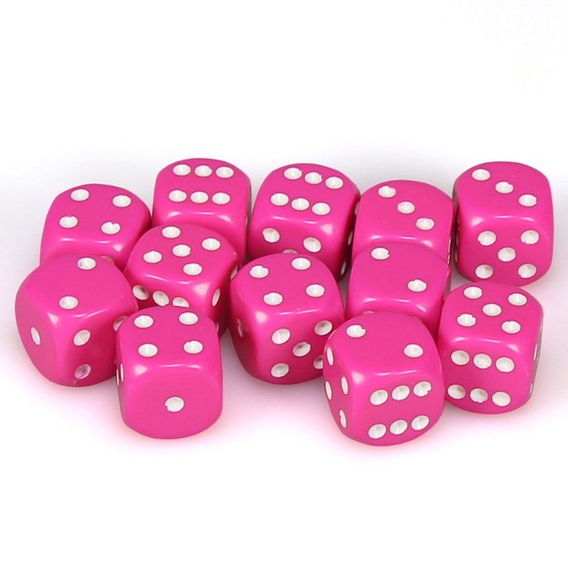 12 D6 Opaque 16mm Dice Pink /white - CHX25644