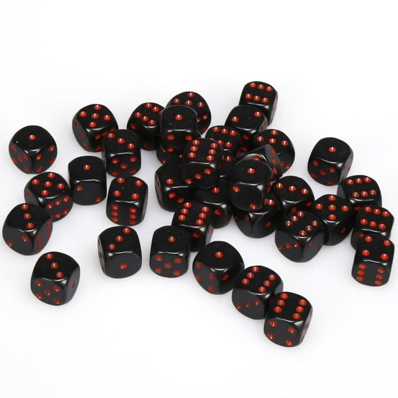 36 D6 Opaque 12mm Dice Black w/red - CHX25818