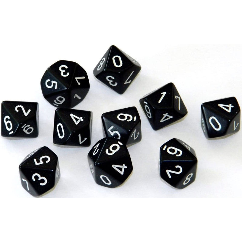 10 D10 Opaque Dice Black with White - CHX26208 - Abyss Game Store