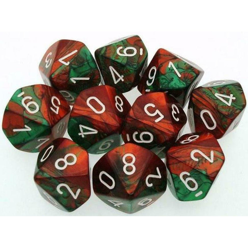10 D10 Gemini Dice Green-Red with White - CHX26231 - Abyss Game Store