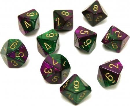 10 D10 Gemini Dice Green-Purple with Gold - CHX26234 - Abyss Game Store