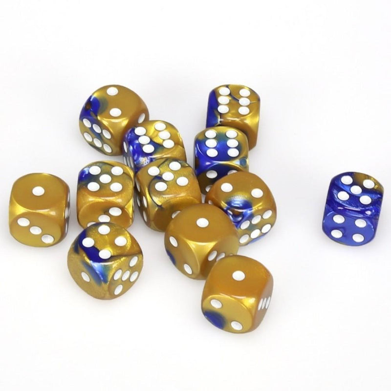 12 D6 Gemini 16mm Dice Blue-Gold/white - CHX26622 - Abyss Game Store