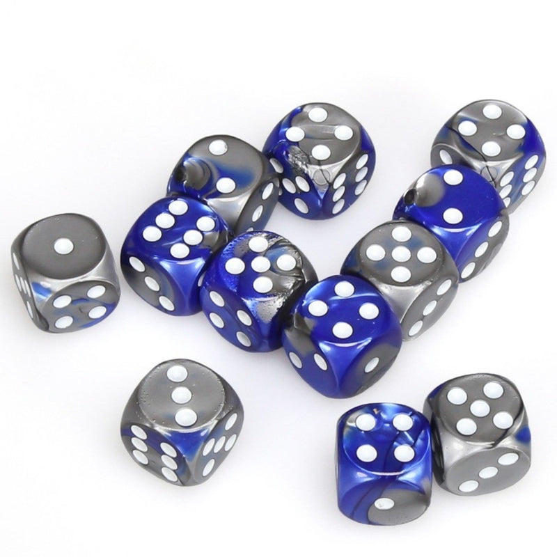 12 D6 Gemini 16mm Dice Blue-Steel /white - CHX26623 - Abyss Game Store