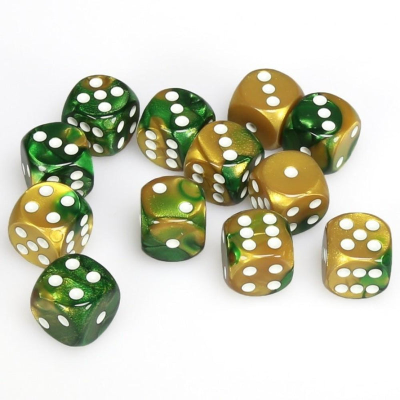 12 D6 Gemini 16mm Dice Gold-Green w/white - CHX26625 - Abyss Game Store