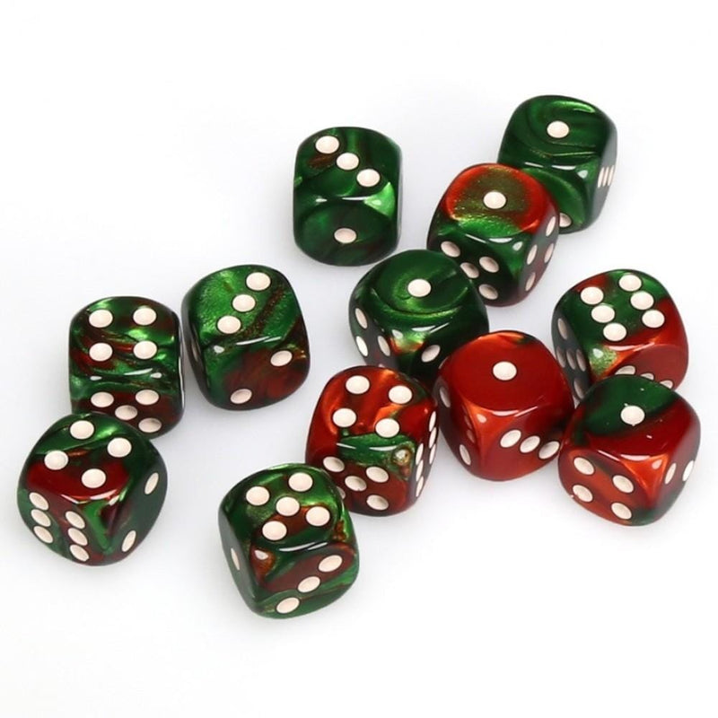 12 D6 Gemini 16mm Dice Green-Red w/white - CHX26631 - Abyss Game Store