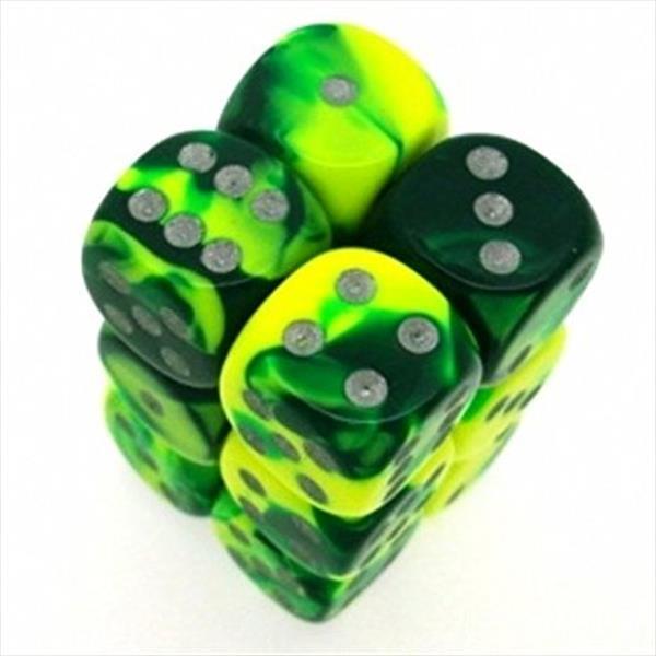 12 D6 Gemini 16mm Dice Green-Yellow w/Silver - CHX26654 - Abyss Game Store