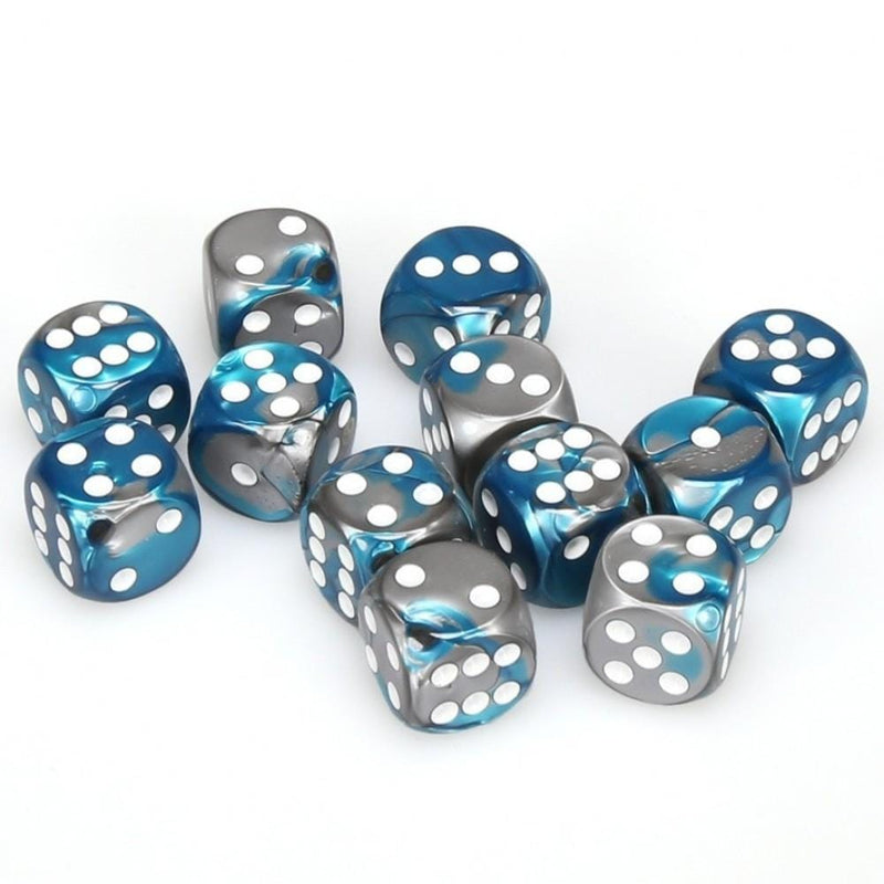 12 D6 Gemini 16mm Dice Steel-Teal w/white - CHX26656 - Abyss Game Store