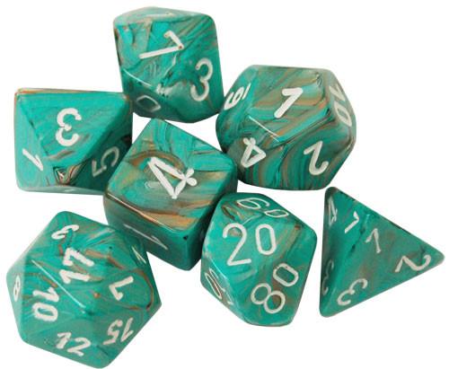 7 Polyhedral Dice Set Marble Oxi-Copper with White - CHX27403
