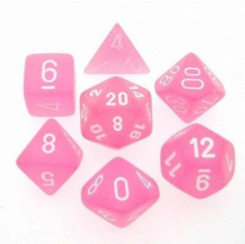 7 Polyhedral Dice Set Frosted Pink with white - CHX27464