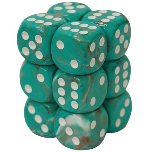12 D6 Marble 16mm Dice Oxi-Copper with white - CHX27603 - Abyss Game Store