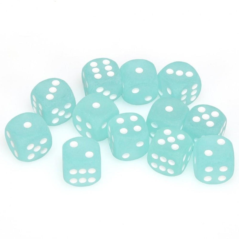 12 D6 Frosted 16mm Dice Teal w/white - CHX27605 - Abyss Game Store