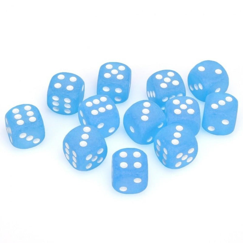 12 D6 Frosted 16mm Dice Caribbean Blue w/white - CHX27616 - Abyss Game Store