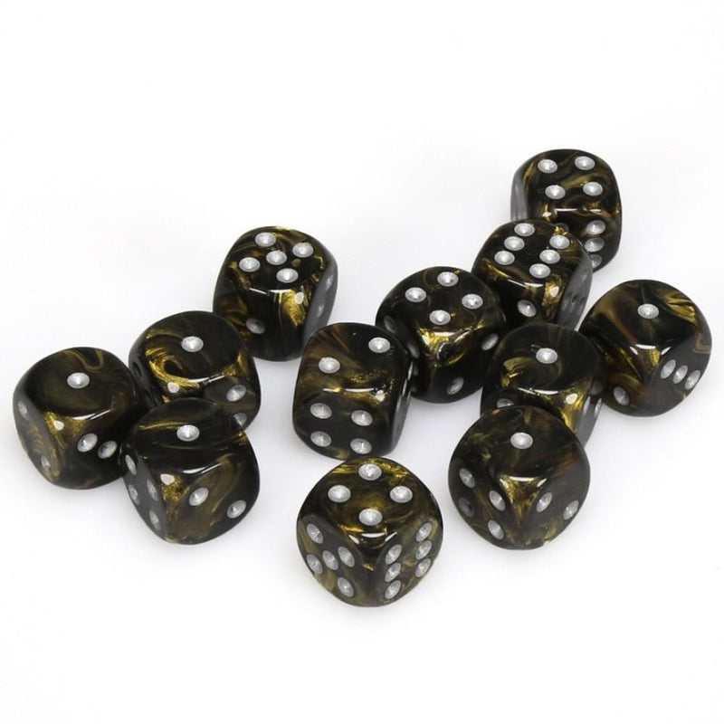 12 D6 Leaf 16mm Dice Black Gold w/silver - CHX27618 - Abyss Game Store