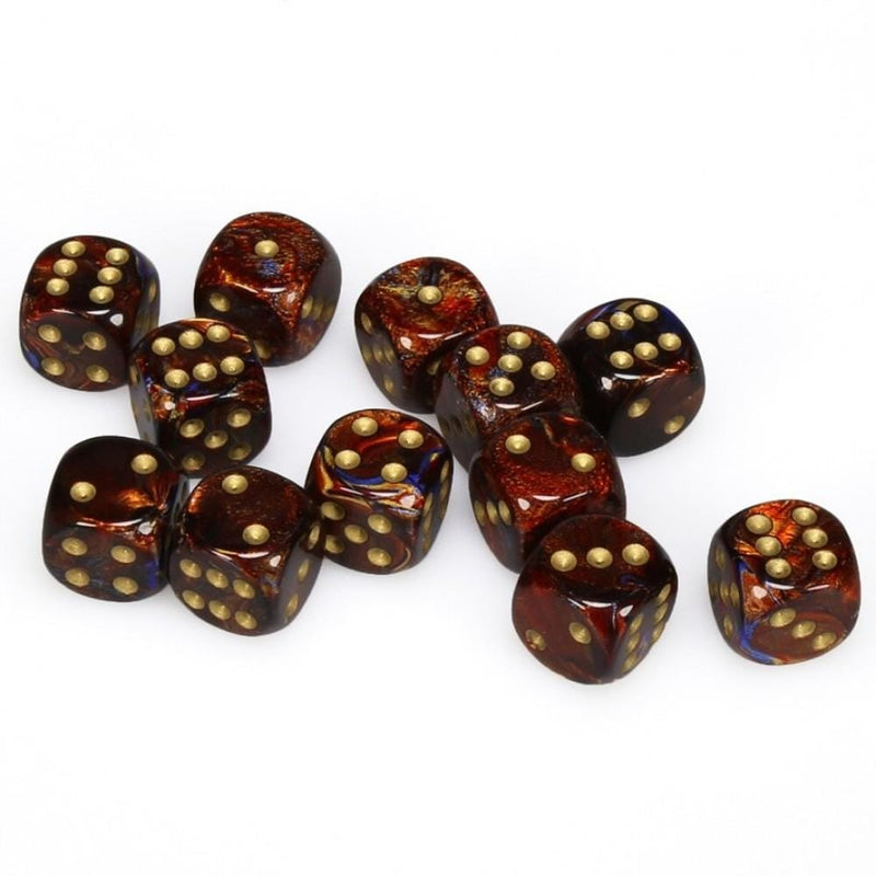 12 D6 Scarab 16mm Dice Blue Blood /gold - CHX27619 - Abyss Game Store