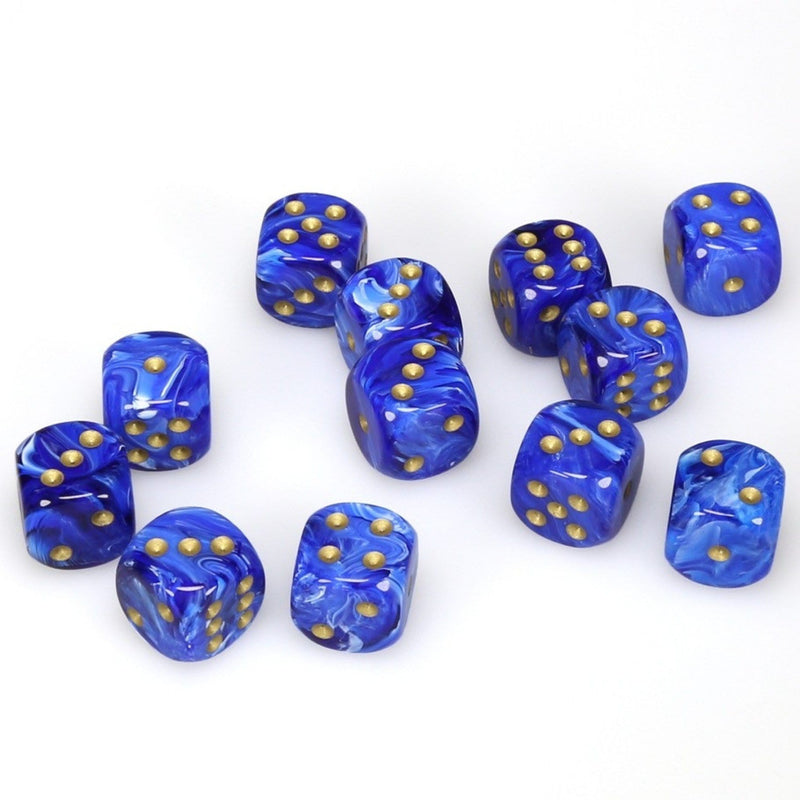 12 D6 Vortex 16mm Dice Blue w/gold - CHX27636 - Abyss Game Store