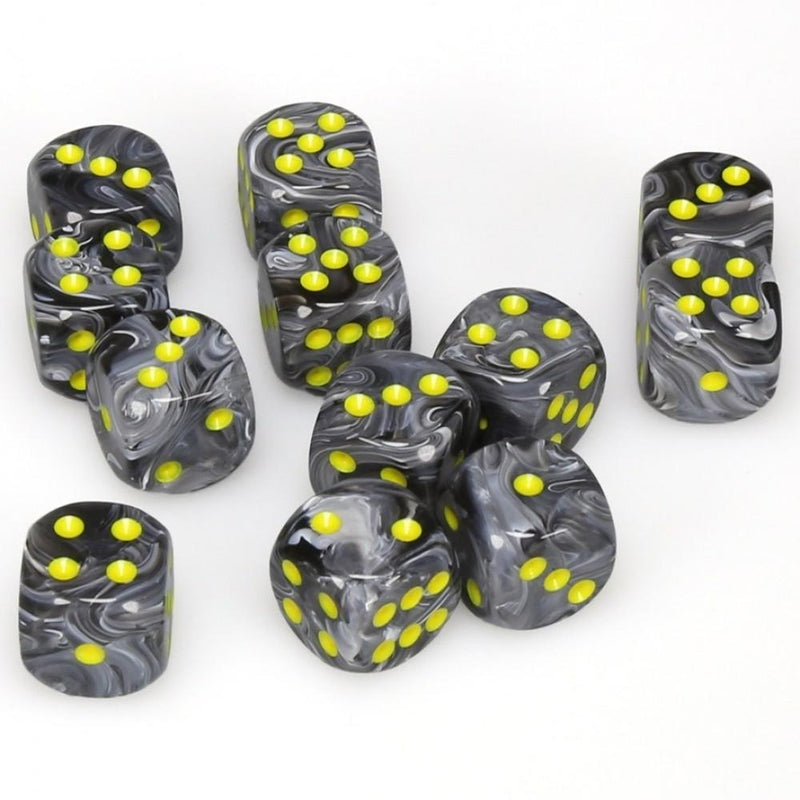 12 D6 Vortex 16mm Dice Black w/yellow - CHX27638 - Abyss Game Store