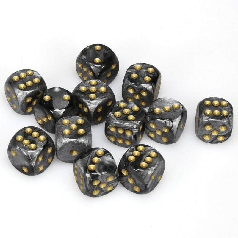 12 D6 Lustrous 16mm Dice Black w/gold - CHX27698 - Abyss Game Store